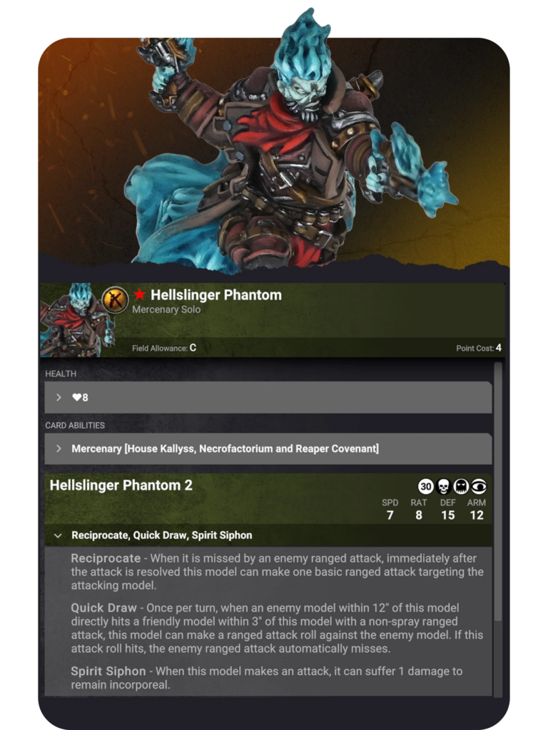 image Frontline Gaming Mercenary solo card for Hellslinger Phantom, a pale blue, flame-headed figure in armor against a dark background