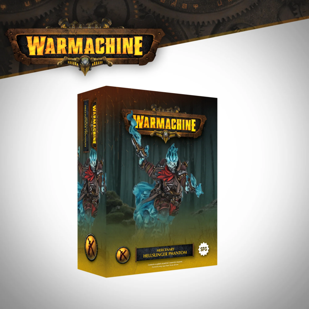 image Frontline Gaming 3D rendering of a WarMachine game box and packaging graphics featuring armored fighters with fiery logo text 'WARMACHINE' at the top left.