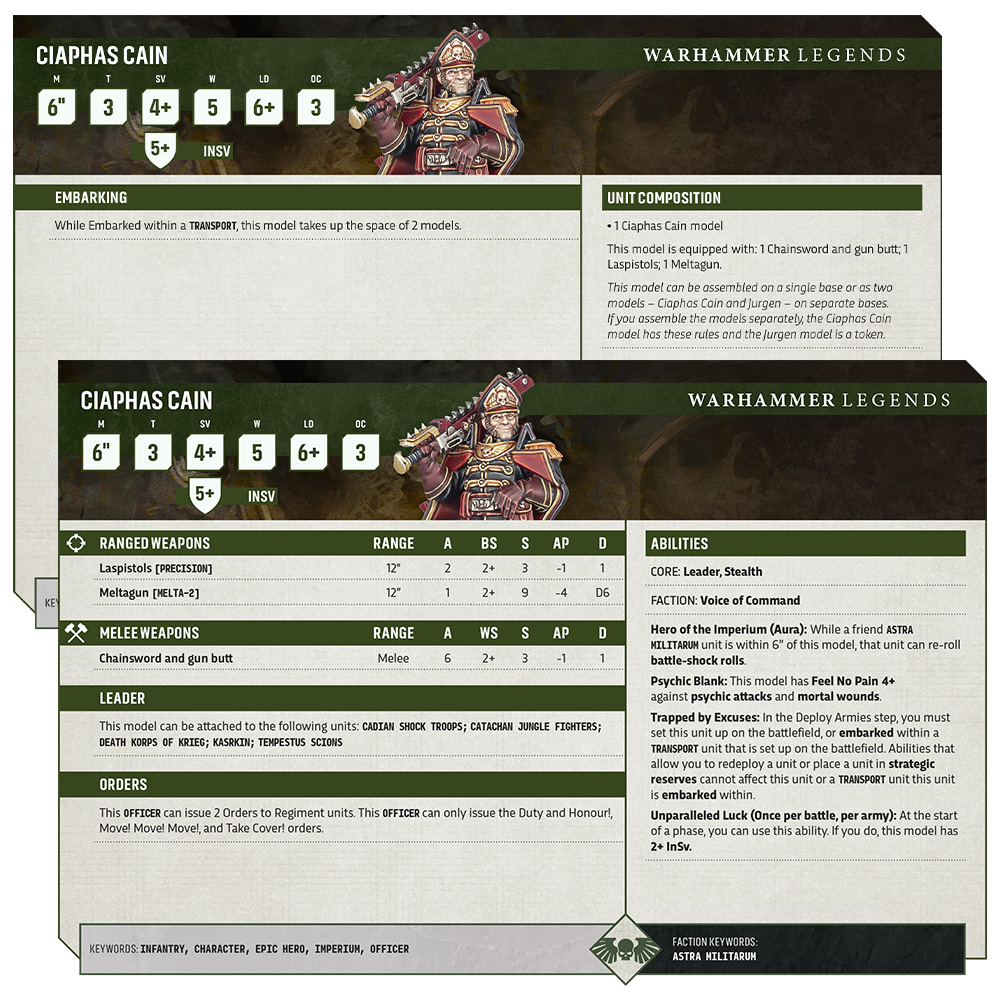image Frontline Gaming Warhammer Legends unit card for Ciaphas Cain, showing weapon stats (Ranged/Melee), leadership and orders sections, plus an Abilities panel with a soldier illustration.
