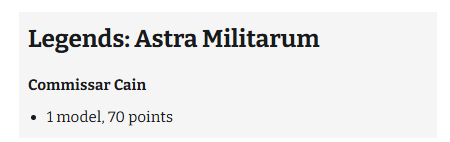 image Frontline Gaming Card titled Legends: Astra Militarum showing Commissar Cain, 1 model, 70 points.