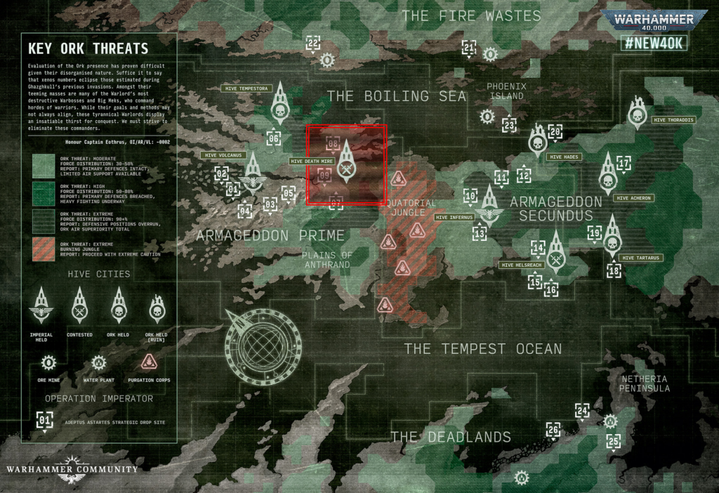 image Frontline Gaming Map of the Warhammer 40,000 world layout with Hive cities and regions; a red-highlighted area centers on Hive Death Mire.
