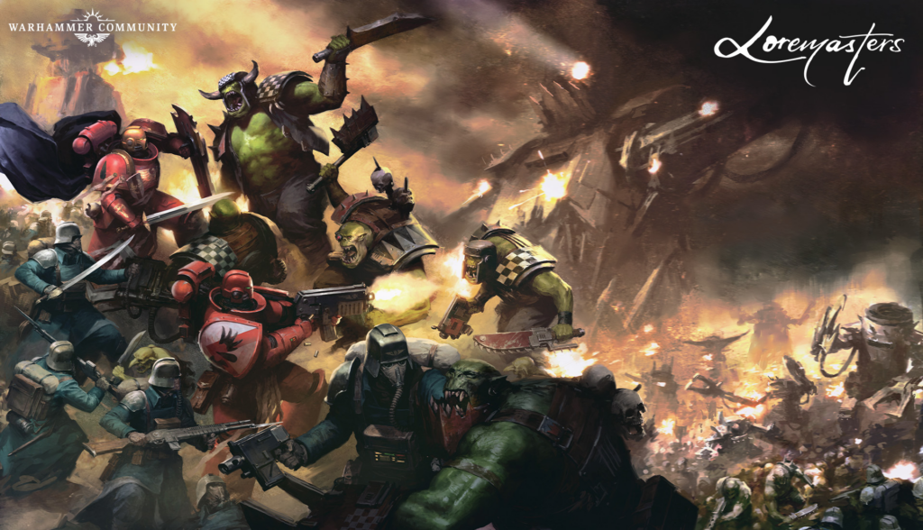 Epic Warhammer battle: green Orks clash with red-armored Marines amid fire and smoke.