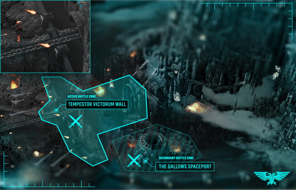 image Frontline Gaming Sci-fi battle map with teal outlines and labels: Tempestor Victorum Wall (Active Battle Zone) and The Gallows Spaceport nearby, glowing markers and aircraft icons.
