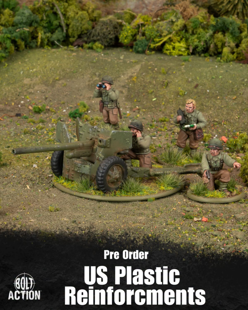 image Frontline Gaming Scale-model diorama: four World War II US soldiers around a field cannon on a grassy base; caption-style text announces 'Pre Order US Plastic Reinforcements' (Bolt Action).