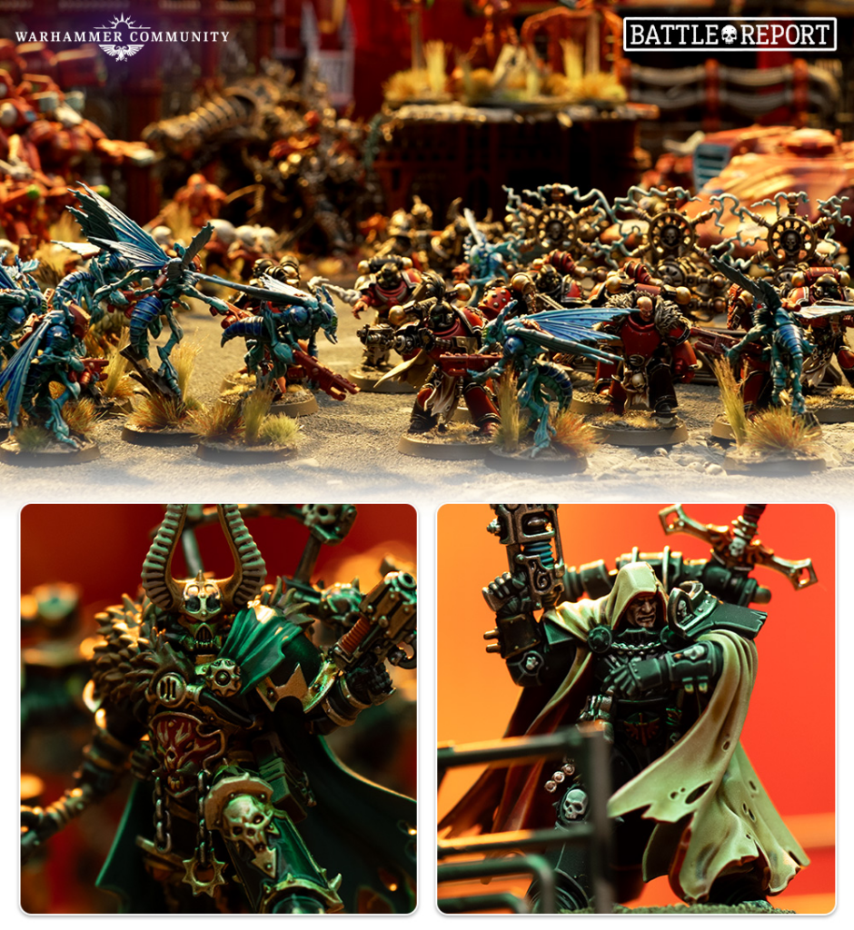 Tabletop Warhammer battle scene with numerous detailed miniatures clashing on a gaming board; logos for Warhammer Community and Battle Report appear top corners.