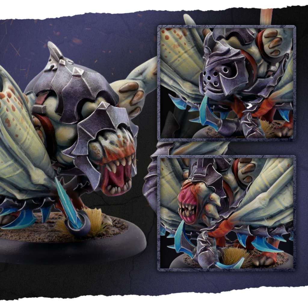 image Frontline Gaming Armored dragon-like fantasy miniature shown from multiple angles in a collage on a dark background.