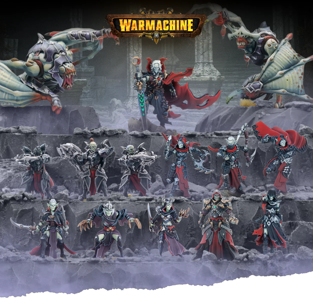 image Frontline Gaming Armored central hero with a glowing sword leads an army of undead on a snowy battlefield, with giant sea monsters looming above and the Warmachine logo at the top.