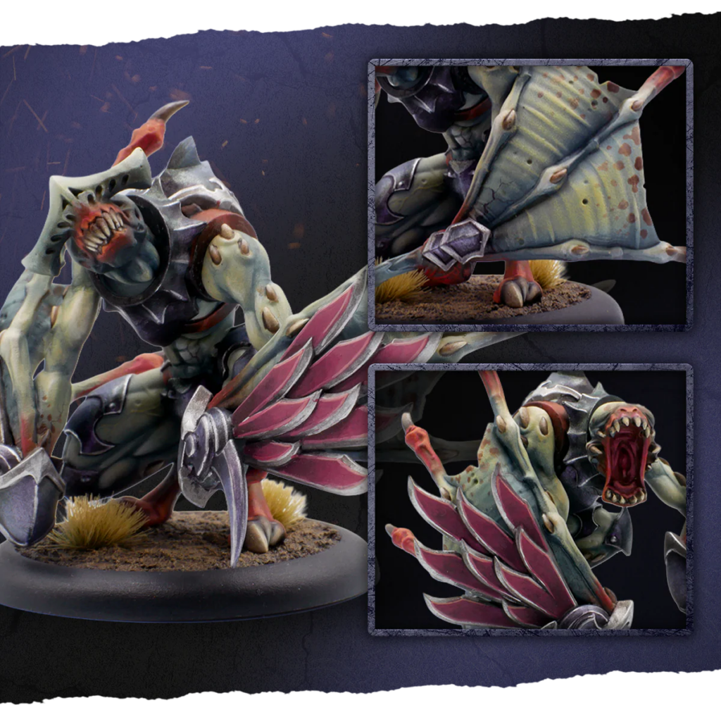 image Frontline Gaming Collage of a dragon-like tabletop miniature with pale-green skin, pink-edged wings, and thorny armor on a rocky base; three close-up shots highlight the wings, jaw, and claws.
