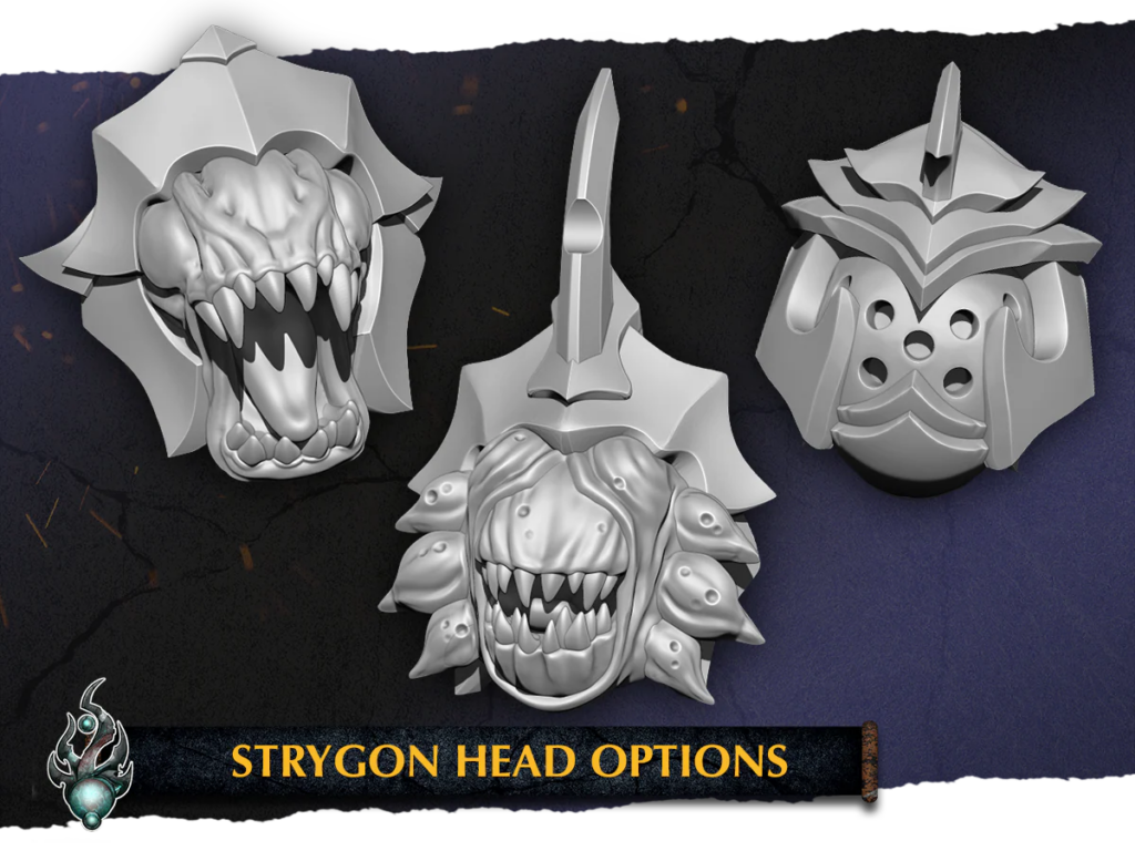 image Frontline Gaming Three 3D metal monster heads (left, center, right) with sharp teeth and armor on a dark backdrop, captioned STRYCON HEAD OPTIONS.