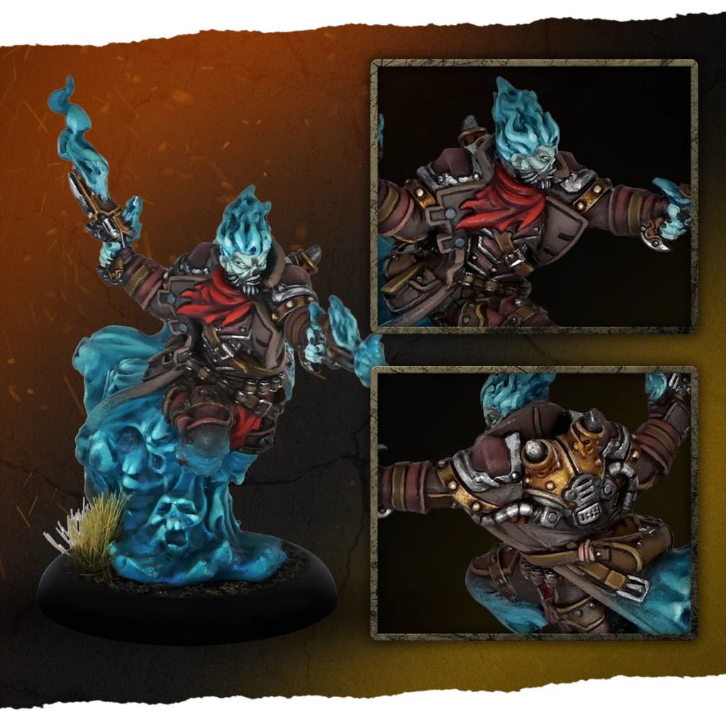 image Frontline Gaming Miniature of a ghostly blue flame pirate/brigand wielding a pistol, wearing brown armor and a red scarf, on a rocky base with grass tuft (two close-up insets shown).