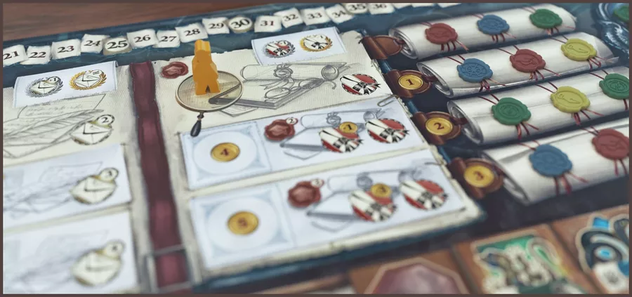 image Frontline Gaming Tabletop board game setup with tiles, a yellow pawn, cards, and a numbered track along the top edge.