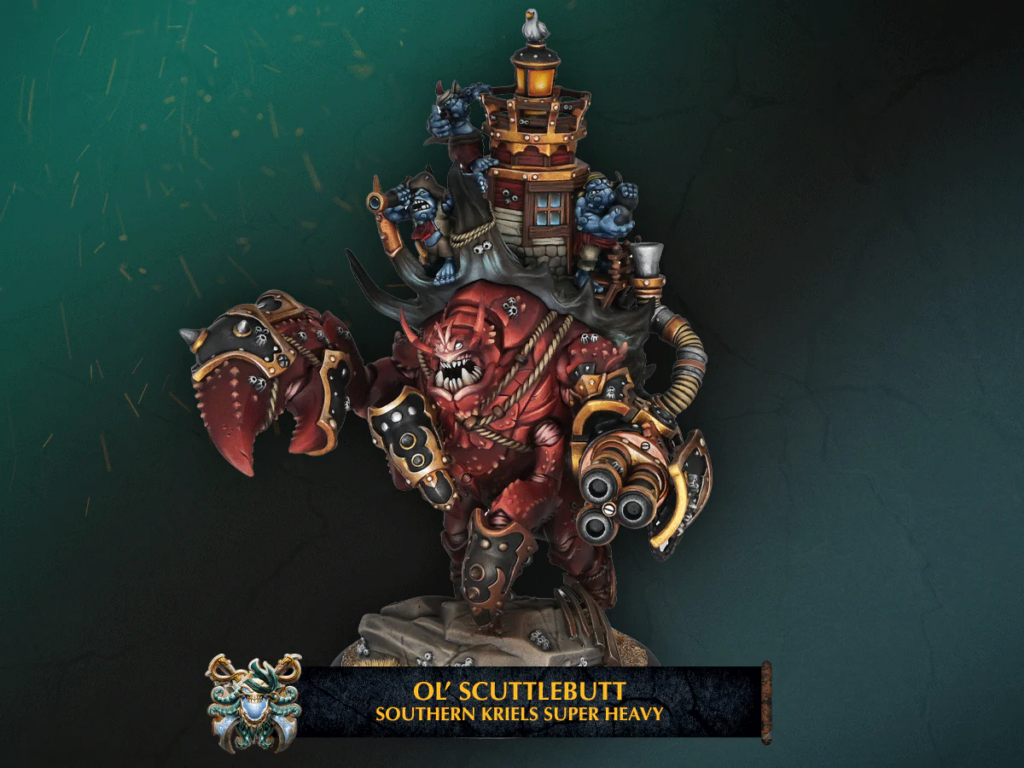 Large red crab-mech monster with armored claws, a wooden tower on its back, and small blue crew threateningly perched on top. Banner reads a fantasy name at the bottom.