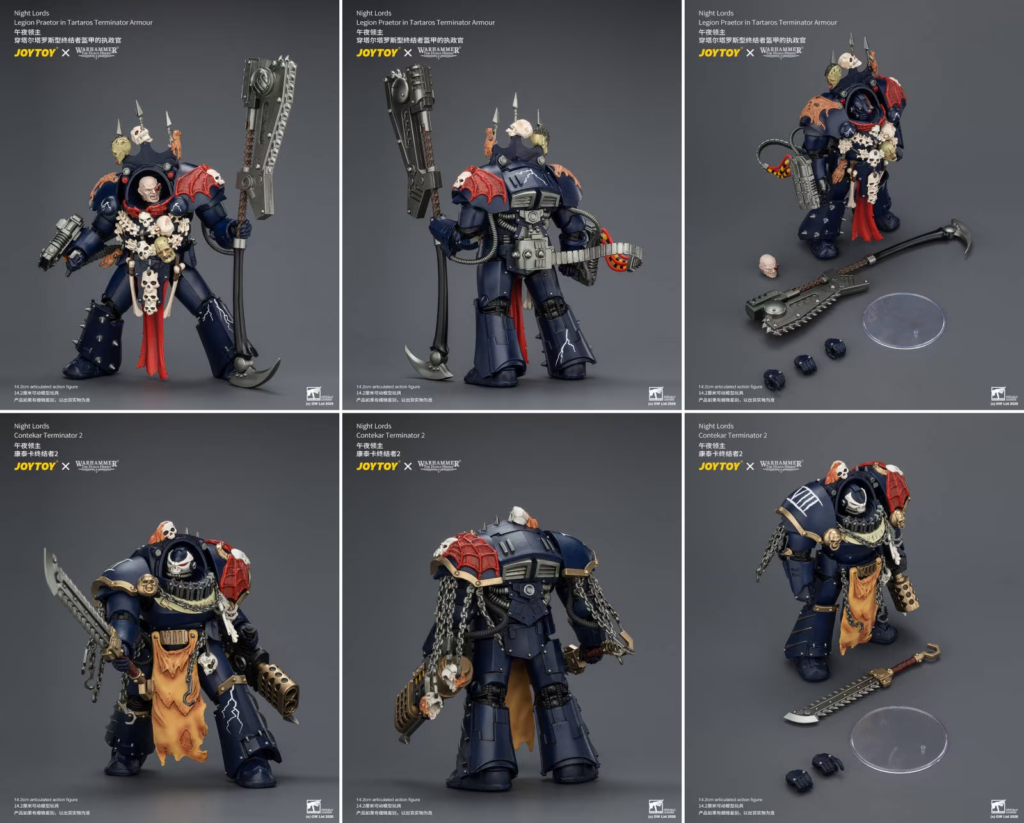 Night Lords Legion Praetor in Tartaros Terminator Armour figure from JOYTOY x Warhammer, front view with skull adornments and chained weaponry