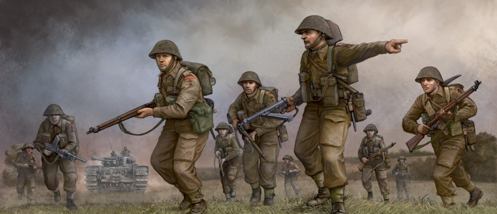 Group of World War II soldiers advancing across a smoke-filled battlefield, rifles ready, tank visible in the background.