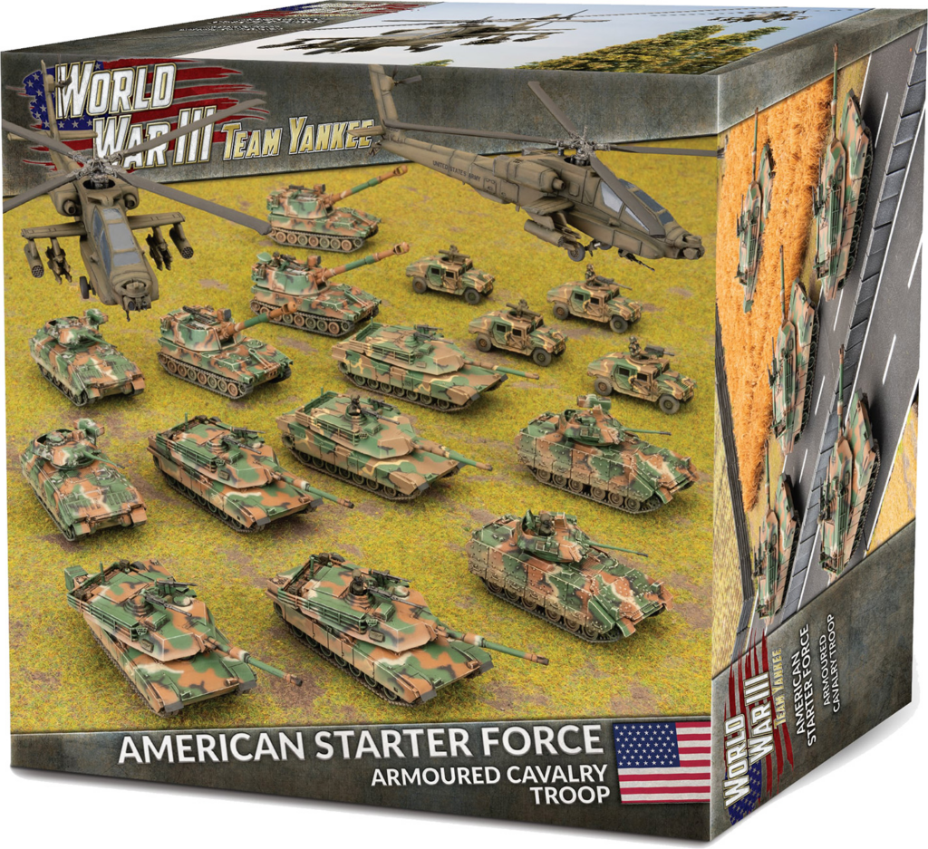 Box of a World War III American starter set: numerous camouflaged tanks, armored vehicles, and two helicopters on a grassy battlefield. Front reads 'American Starter Force'.