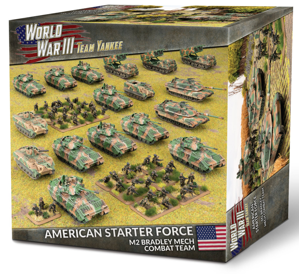 Box for a World War III Team Yankee American Starter Force toy set with numerous camouflage tanks and infantry miniatures arranged on a field.