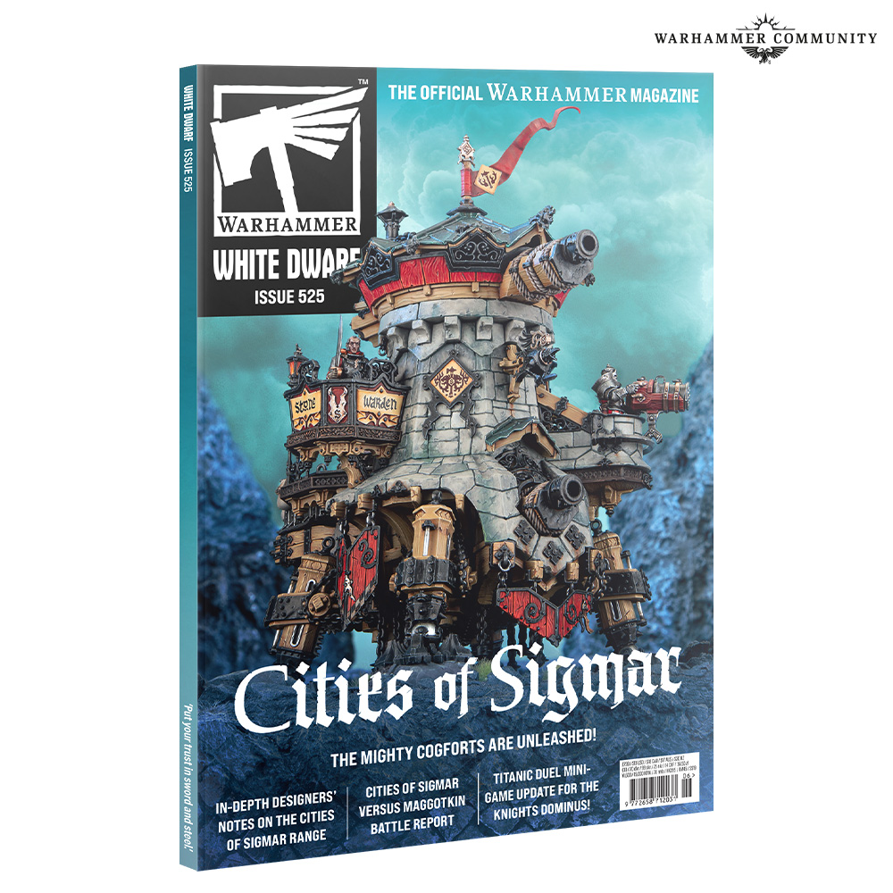 image Frontline Gaming Cover of White Dwarf issue 525: Cities of Sigmar, showing a detailed siege fortress miniature against a blue-green sky.