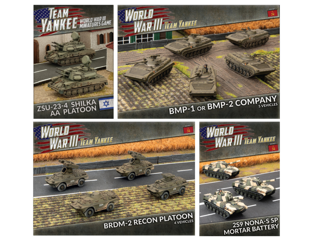 Collage of World War III Team Yankee miniature tanks on diorama bases, showing multiple platoons and vehicles.