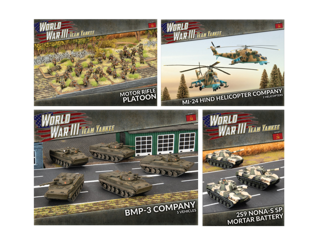 Boxed World War III Team Yankee miniatures show a motor rifle platoon on a terrain diorama