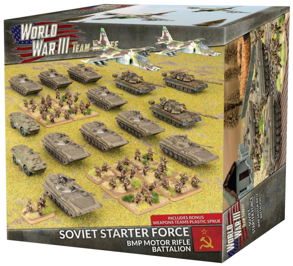 Boxed toy army collection with tanks, aircraft, and infantry figures on a grassy display, labeled Soviet Starter Force
