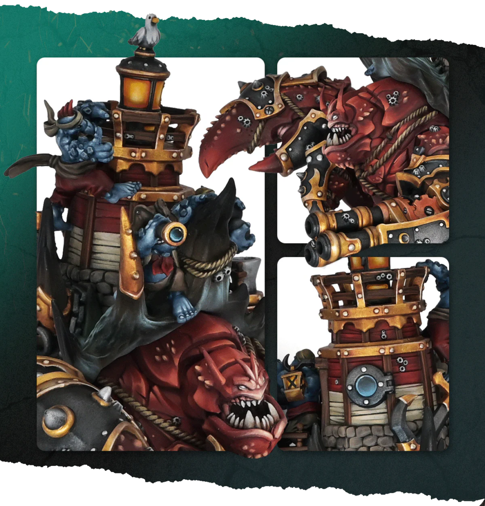 Fantasy tabletop minis: red dragon/monster figures assaulting wooden siege towers with gold armor and ropes in a dynamic battle scene