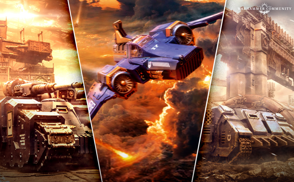 Tri-panel action collage of tanks and a flying war machine in a fiery battle, with the Warhammer Community logo in the top-right corner.