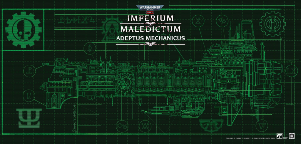 Blueprint-style green illustration featuring a Warhammer 40,000 Imperium Maledictum: Adeptus Mechanicus title and intricate machinery schematics across a grid background.