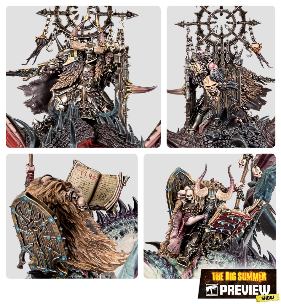 Four highly detailed fantasy miniatures on dragon-like mounts with skulls, chains, and armor against a light background (collage).