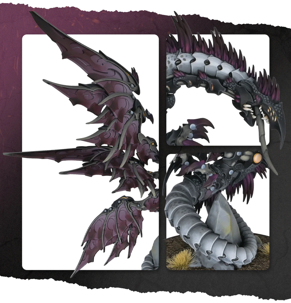 Three-panel illustration of a dark purple, armored dragon with spike-like plates and a coiled tail against a white background panels.