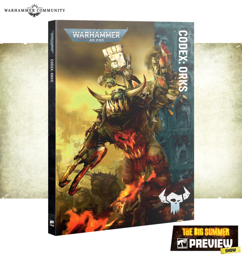 Boxed Warhammer 40,000 Codex: Orks with a battle-ready ork on the cover; visible text includes 'Warhammer 40,000' and 'Codex: Orks' along the spine. Warhammer Community logo in the top-left.