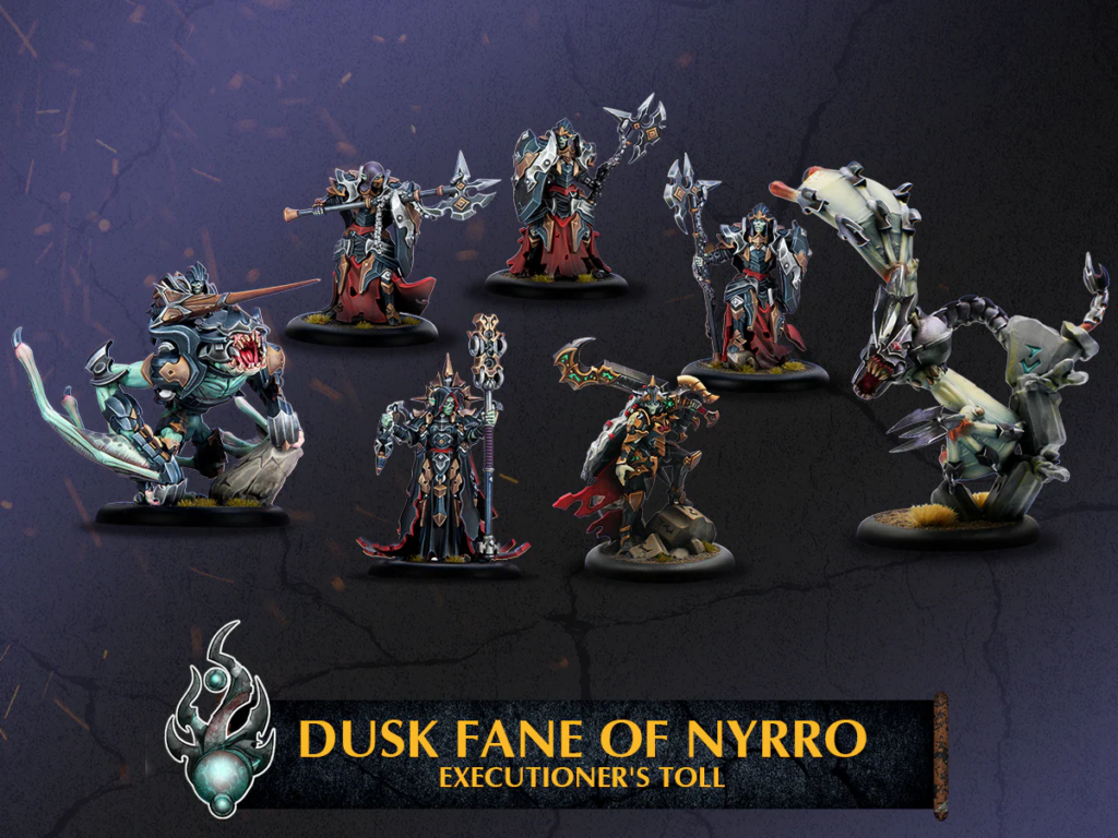 Group of Dusk Fane of Nyro miniatures in dark armor with axes and swords, posed on round bases against a purple background, banner below reads 'Executioner's Toll'.