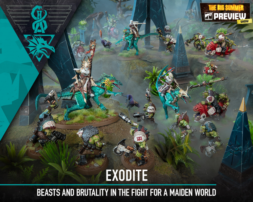 Tabletop war game battle scene with green-skinned orc-like fighters riding turquoise dinosaurs and large monsters in a jungle ruin setting, EXODITE headline visible at bottom