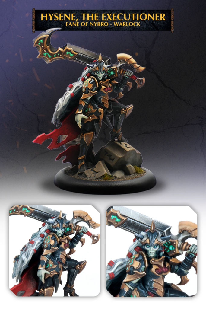 Figure of Hysene, the Executioner, a detailed armored warlock miniature posed with a large sword on a rocky base