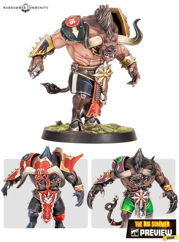 Tall horned demon miniature on a grassy base; two smaller armored demon figures in gray panels below; Warhammer Community branding.