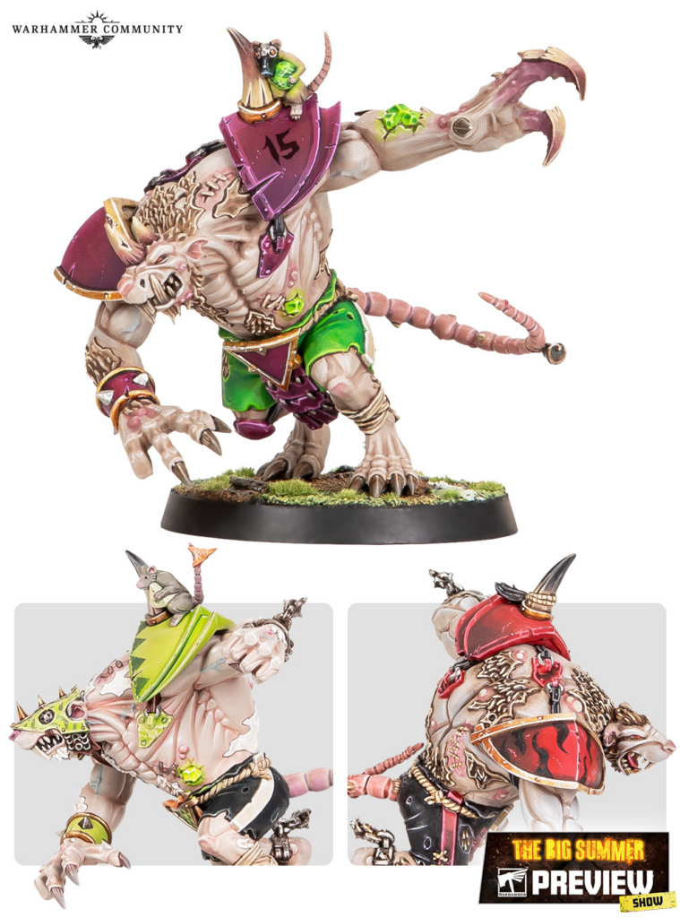Large flesh-colored monster with purple armor, green shorts, and a long clawed arm, posed on a round base; a Warhammer miniaturen model. (Note: concise description of purpose)