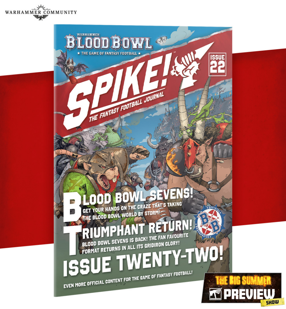 Cover of Spike! The Fantasy Football Journal, Issue 22, Blood Bowl Sevens—featuring a chaotic fantasy battle scene; Warhammer Community logo in the top-left corner.