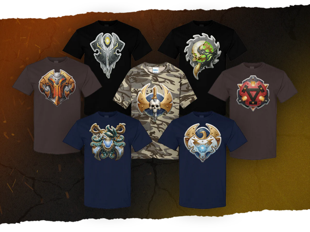 Collection of eight graphic T-shirts featuring various fantasy crests on dark or camo backgrounds displayed on a textured backdrop.