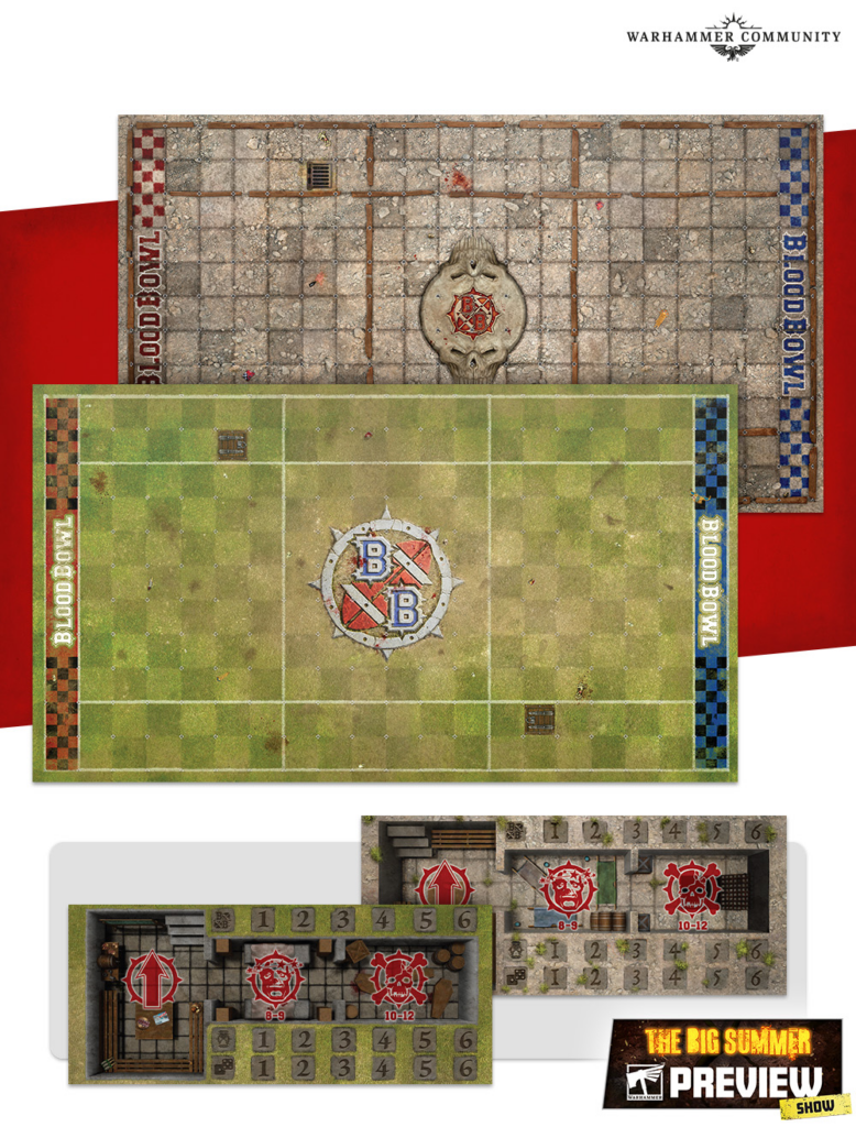 Collage of Blood Bowl game boards and components: a stone dungeon-style pitch, a green grass pitch with a central Blood Bowl emblem, and a modular interior board with numbered lanes; Warhammer Community branding in the corner.