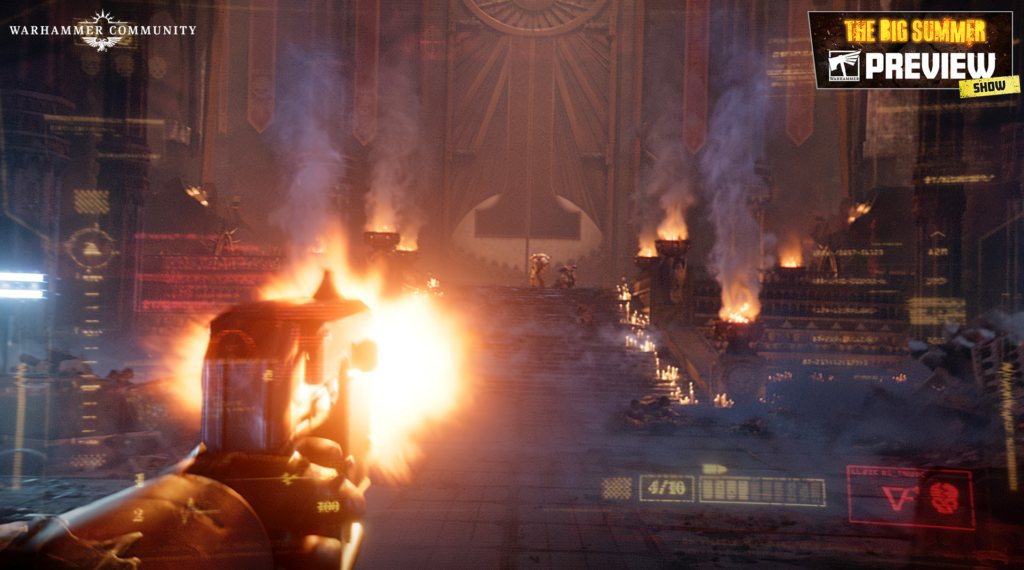 First-person view of a fiery, smoky Warhammer interior with torches, stairs, and distant soldiers; Warhammer Community branding in top-left and a 'Preview Show' badge in the top-right.