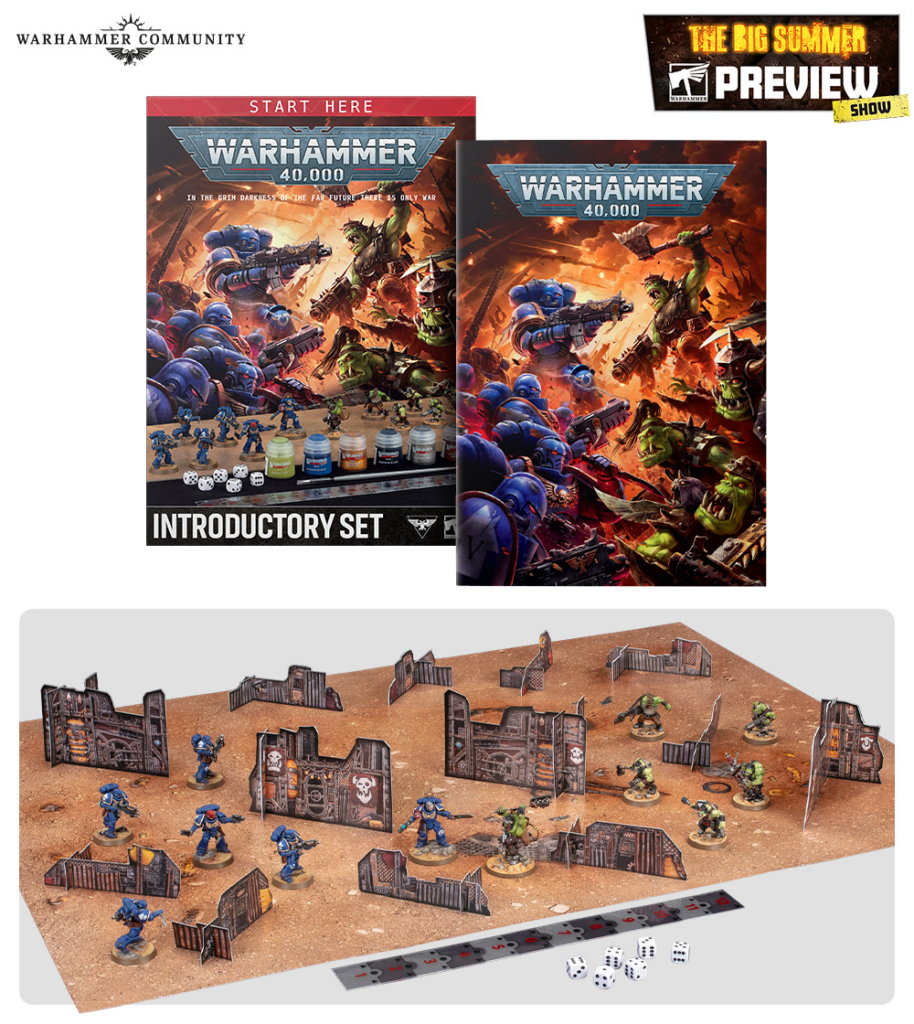 Warhammer 40,000 Introductory Set boxes on a white background with a tabletop battle featuring blue Space Marines, green Orks, ruined walls, dice, and a measuring strip.
