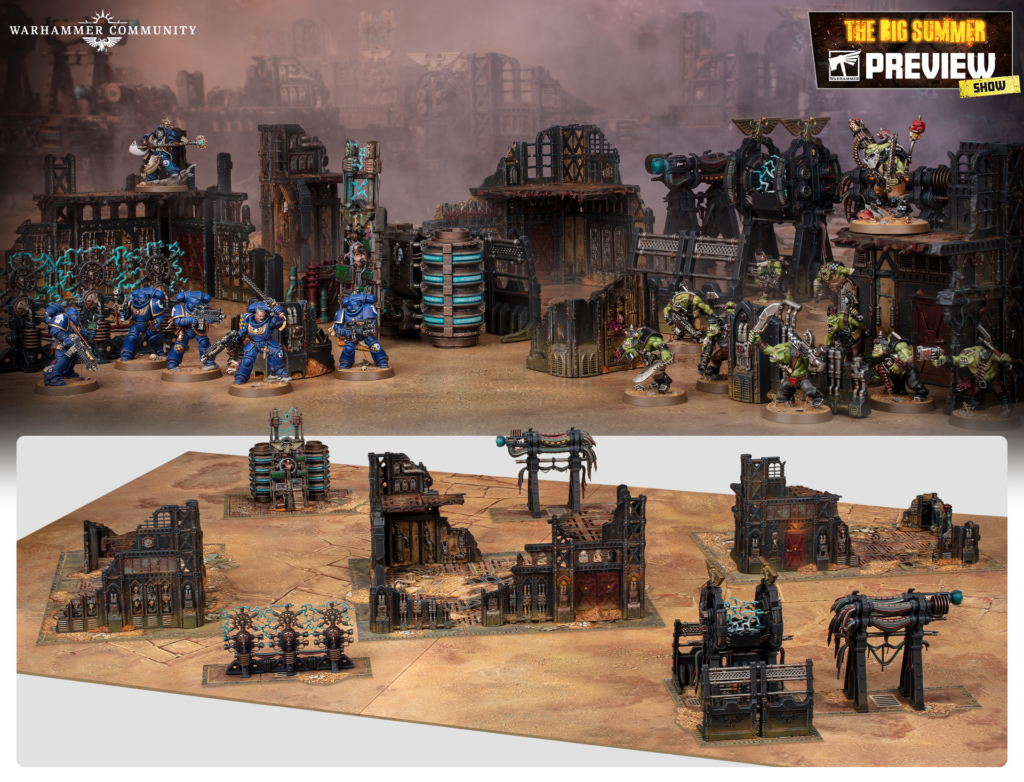 Warhammer battle scene with blue Space Marines and green orks on ruined industrial terrain, city ruins in the background and logo visible on top right.