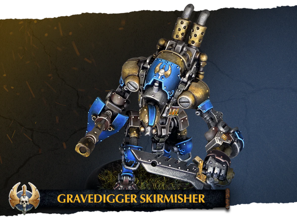 Gravedigger Skirmisher miniature model with blue armor and a large sword, displayed on a dark banner background showing its name at the bottom.