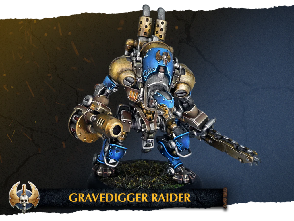 Armored war model named Gravedigger Raider, blue and brass suit with a heavy weapon, standing on a grassy diorama base.