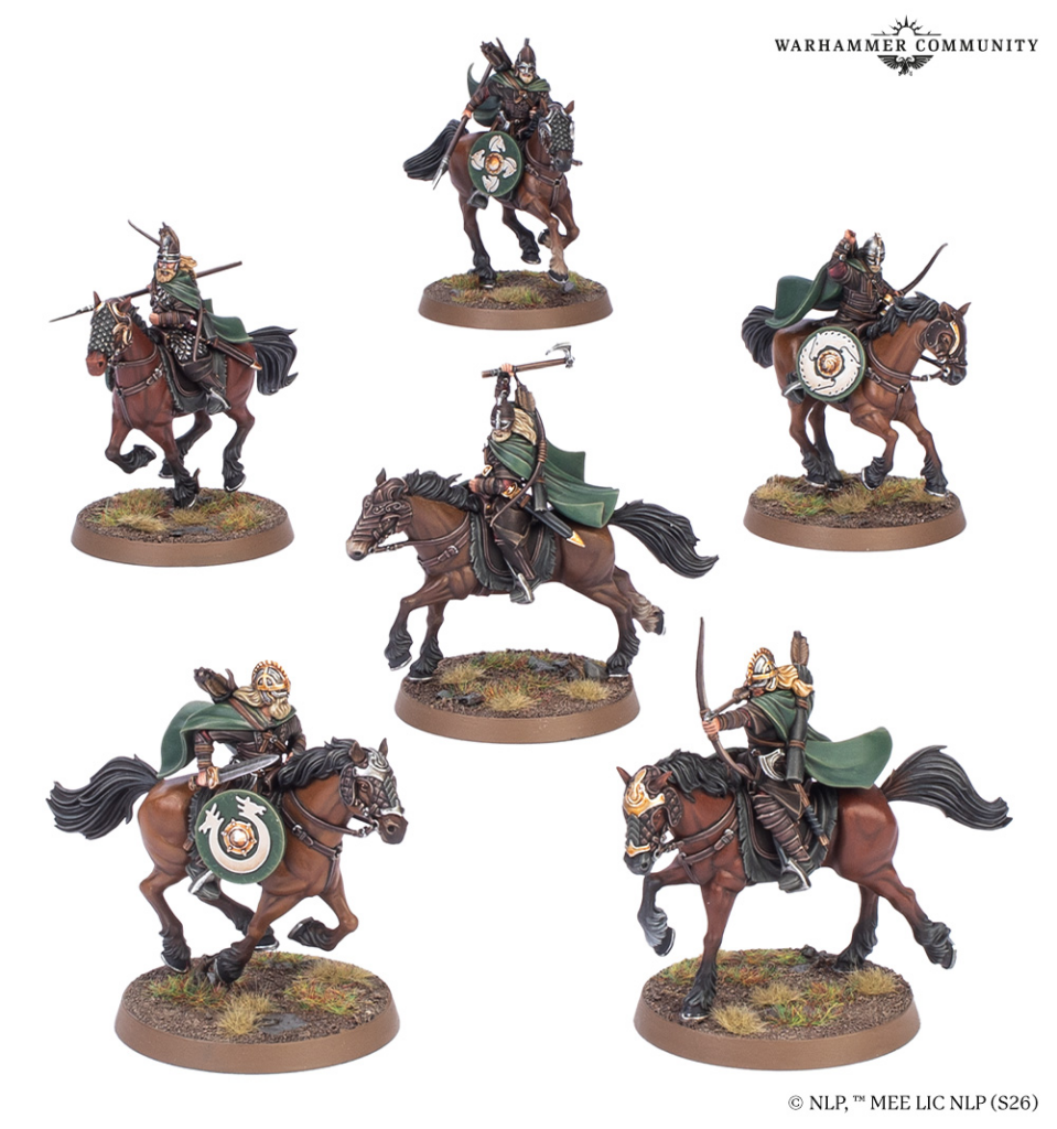 Six painted mounted fantasy warriors on brown horses with green cloaks and round shields, arranged on white background (Warhammer Community logo in corner).