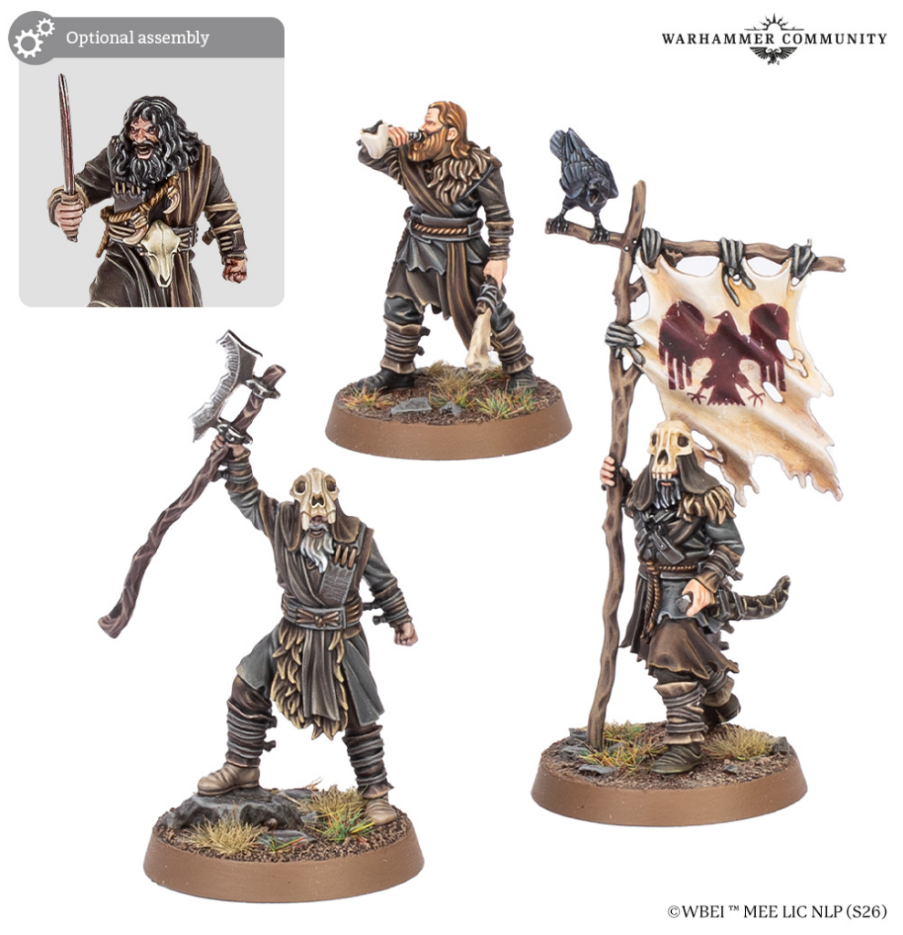Warhammer undead miniatures: three robed figures with skull masks, one with a banner and skull emblem, standing on textured bases (optional assembly).