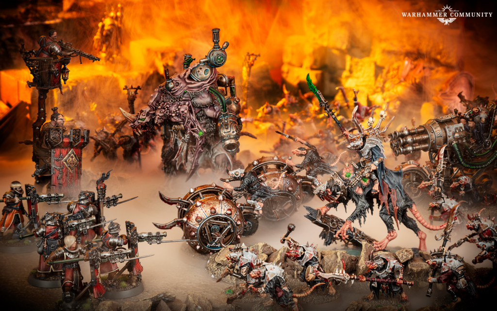 Intense Warhammer battle between armored soldiers and a grotesque monstrous creature amid a fiery, smoky battlefield.