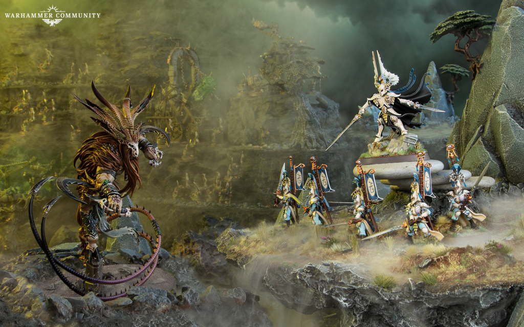 Warhammer battle scene: a towering demon confronts ornate knightly troops on a rocky, misty battlefield; Warhammer Community logo top-left.