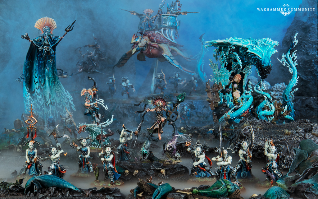 Epic Warhammer battle diorama with armored warriors, a turquoise dragon, and misty blue backdrop; Warhammer Community logo top right.