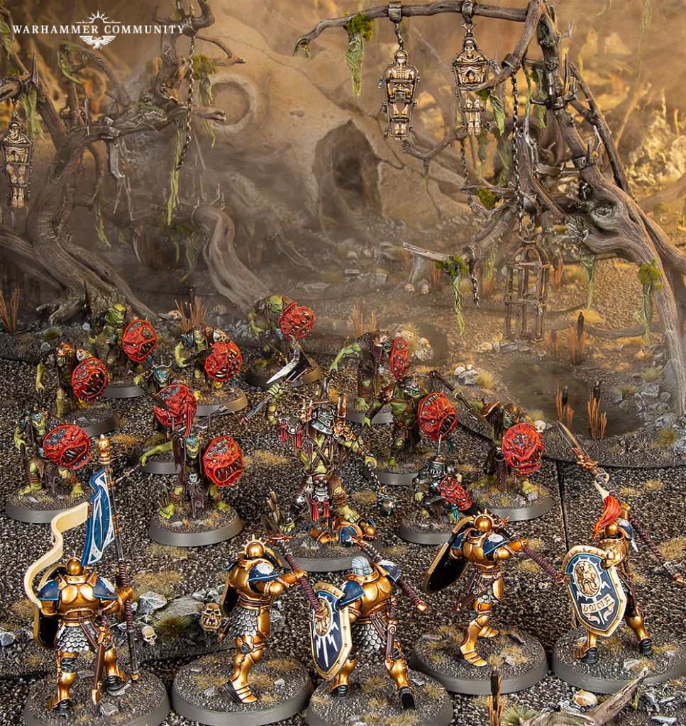 Warhammer tabletop battle scene with green orcs clashing with gold-armored knights on rocky ground under twisted trees.