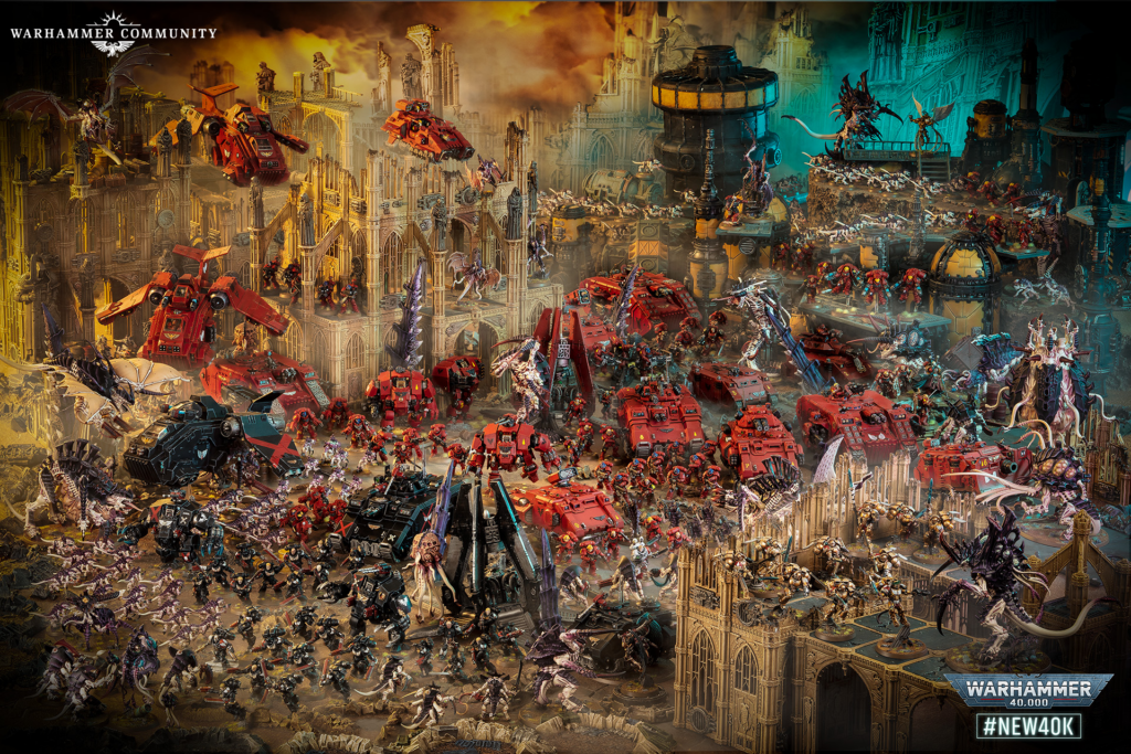 Gothic Warhammer 40,000 battle scene with red armored vehicles and infantry clashing among ruined city ruins; logo visible top left and #NEW40K bottom right.